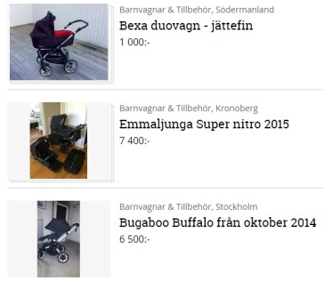 Många barnvagnar att välja emellan på blocket